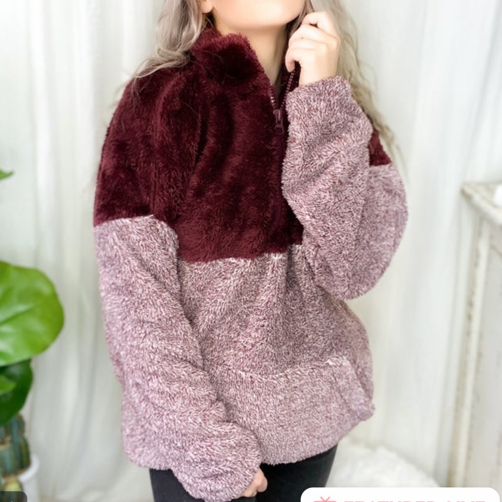 Half zip pullover sweater with kangaroo pocket - burgundy